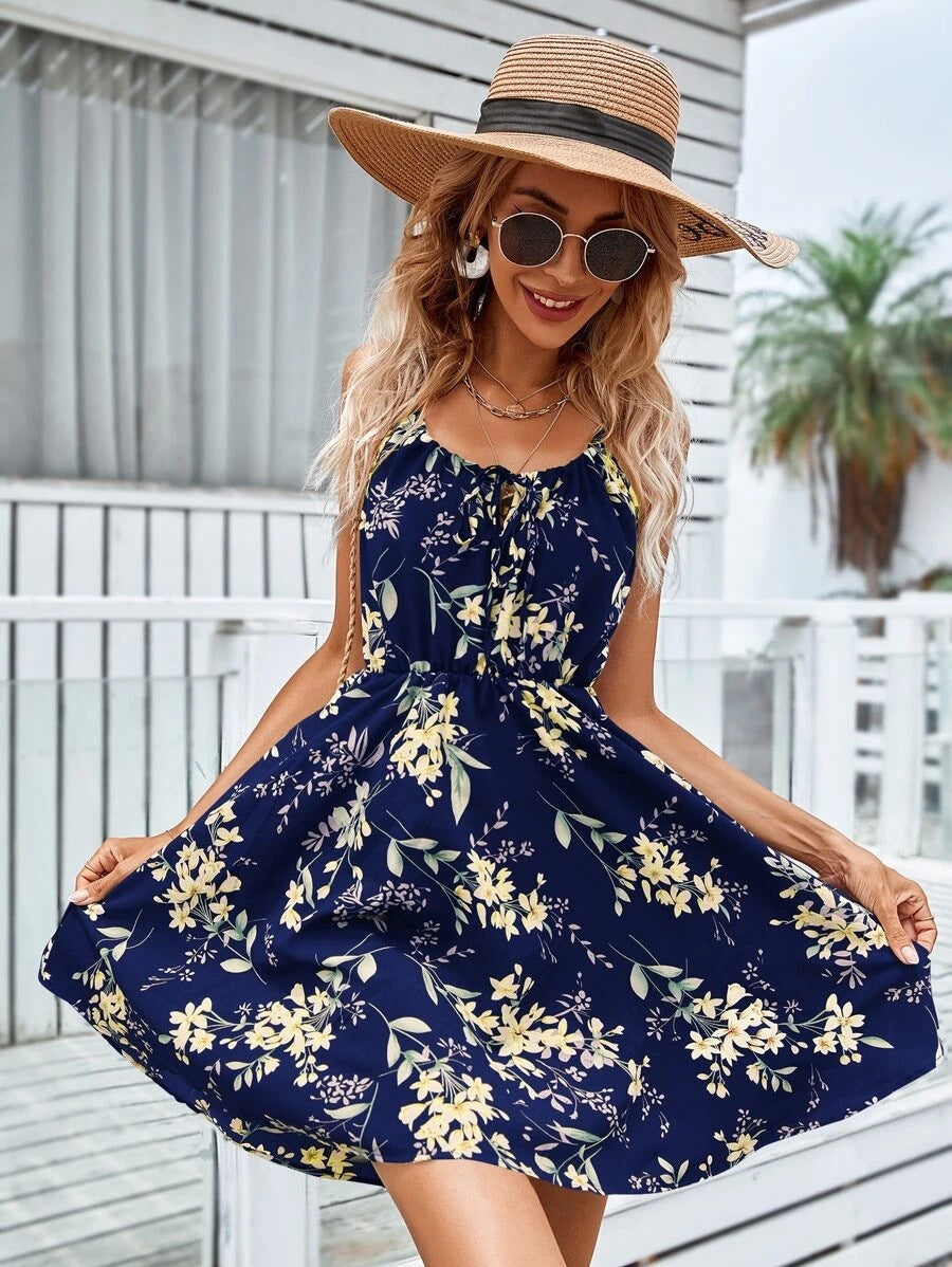 Floral Print Suspender Dress with Elastic Waist Design Fashion Summer Short Dresses Womens Clothing